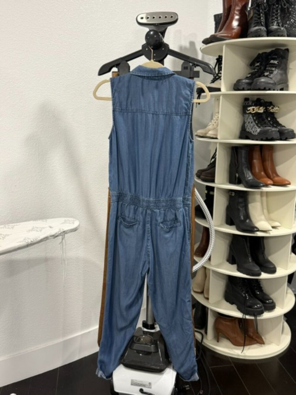 New York & Company XS Chambray Tencel Sleeveless Utility Jumpsuit Button Front - Picture 2 of 10